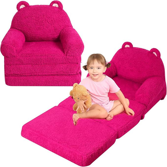 Foldable Kids Sofa, Sherpa Pink Teddy Bear Toddler Couch with Tri Folding Foam Cushions, Comfy Kids Couch for Kids Age 3-6