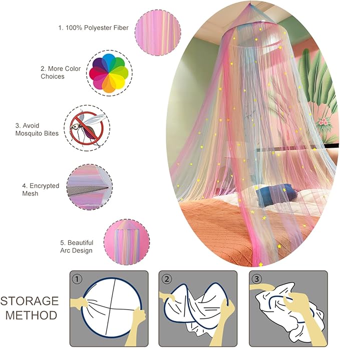 Eimilaly Princess Rainbow Bed Canopy with Stars Glow in The Dark, Bed Canopy for Girls Room Decor or Unicorn Theme Party