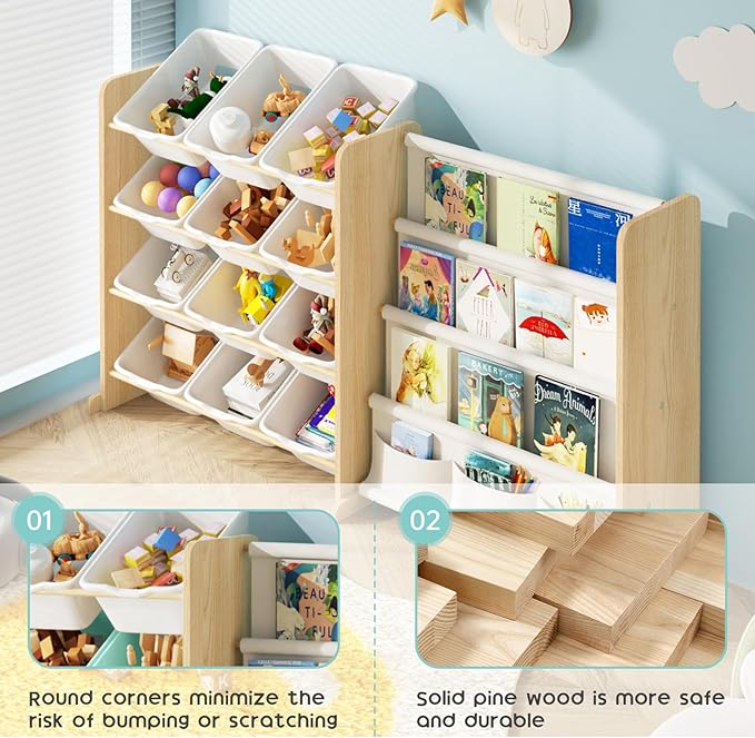 Kids Toy Storage Organizer - Toy Organizer with Kids Bookshelf, Toy Storage with 12 Toy White Bins and 4 Book Shelves, Toy Organizers and Storage for Playroom, Nursery, Kids Room, Burlywood