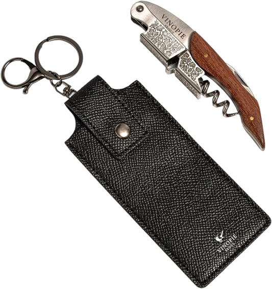 Professional Wood Grapevine Pattern Sommelier Knife With Black Leather Wine Keyring with Ergonomic Wood Grip, Beer Bottle Opener Foil Cutter Waiters Corkscrew Wine Opener