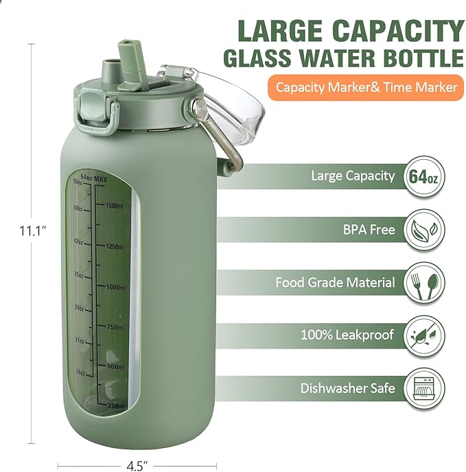 kytffu 64 oz Glass Water Bottle with Straw and Stainless Steel Handle, Half Gallon Water Bottle with Silicone Sleeve and Time Marker, 2L Large Glass Bottle for Gym, School, Travel, Leak-proof (olive)