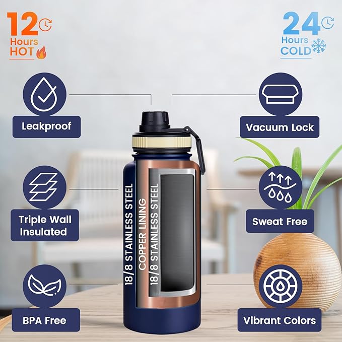 Water Bottle 32oz, Triple Walled Insulated Stainless Steel Reusable Bottle, Silicone Sleeve, Cleaning Brush, 2 Lids (Spout lid & Straw lid w/2 straw), Metal Mug Gallon, BPA Free, Twilight Blue