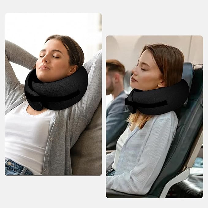 PORTHOLIC 2024 Upgraded Travel Neck Pillow with Buckle,100% Pure Memory Foam Travel Neck Pillow for Airplane Travel Flight Headrest Sleep, Portable Plane Accessories (Black)