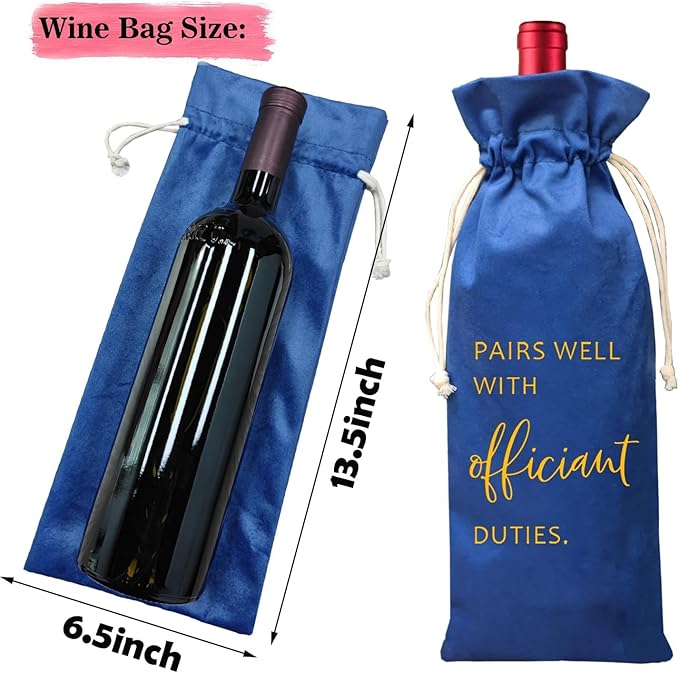Wedding Officiant Wine Bag,Officiant Wine Bag,Pairs Well With Wedding Officiant Duties,Officiant Gift,Officiant Wedding Gift, Burlap Drawstring Wine Bag (Officiant-Blue)