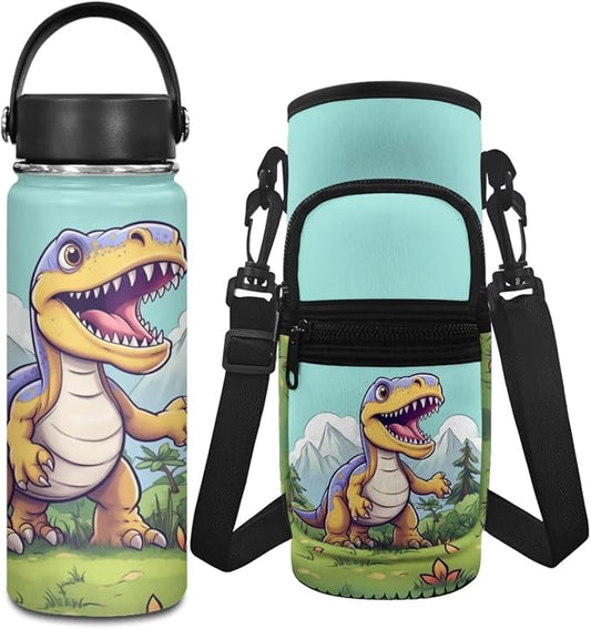Dinosaur Water Bottle Boys 6-8/4-6 Insulated Water Bottle 18 OZ Water Bottle Carrier Bag with Phone Pocket Set Reusable Water Bottle