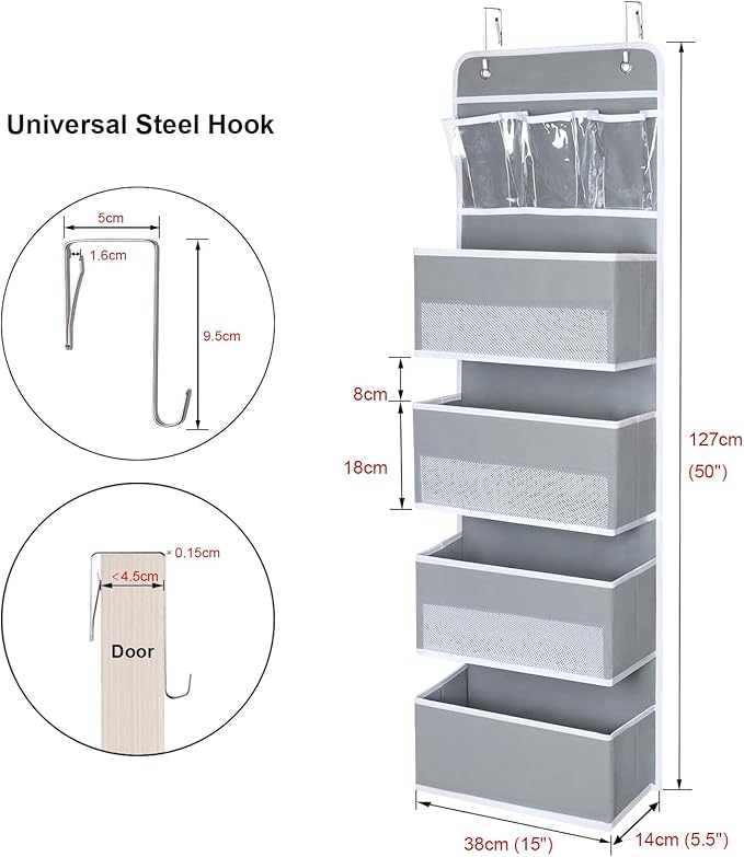 Univivi Door Hanging Organizer Nursery Closet Cabinet Baby Storage with 4 Large Pockets and 3 Small PVC Pockets for Cosmetics, Toys and Sundries (Grey)