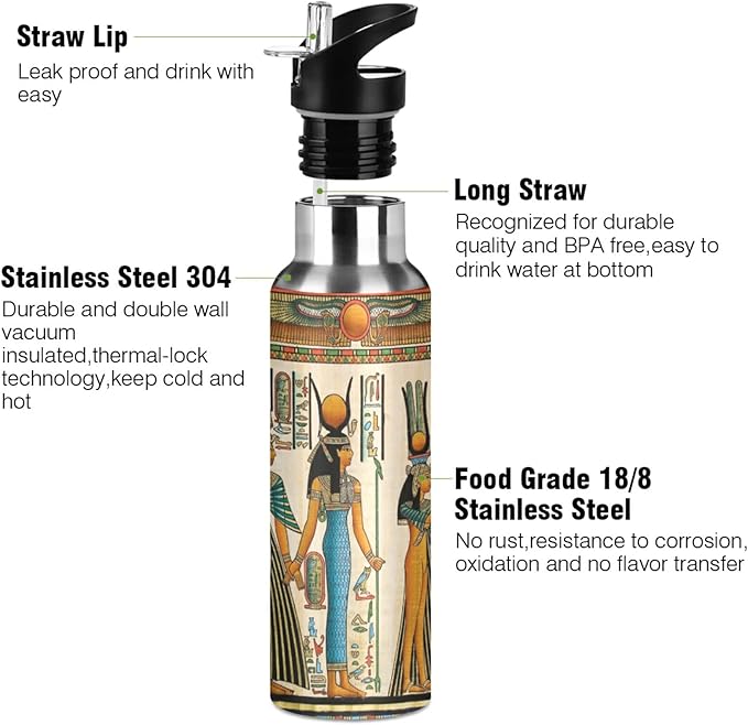 Blueangle 20 OZ Queen Of Egypt Water Bottle with Straw, Sports Water Bottle BPA Free Stainless Steel Water Jugs for Gym, Kitchen, Working, Outdoor（26）