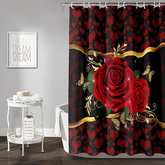 AILONEN Red Rose Shower Curtain for Bathroom, Romantic Flower Rose 3D Printed Valentine Wedding Bathroom Decor Hearts Curtain,60" W*72" H Polyester Waterproof Bath Curtain with 12 Hooks