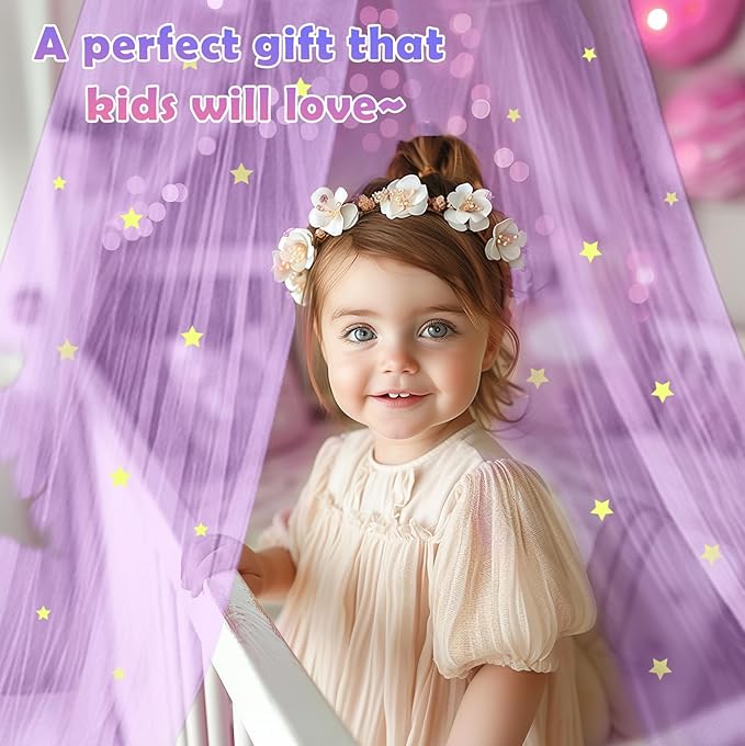 Daksha Purple Princess Bed Canopy for Girls with Glowing Stars, Ceiling Tent for Kids, Fits Twin, Full, and Queen Size Beds, Suitable for Indoor Room Decor and Outdoor Use