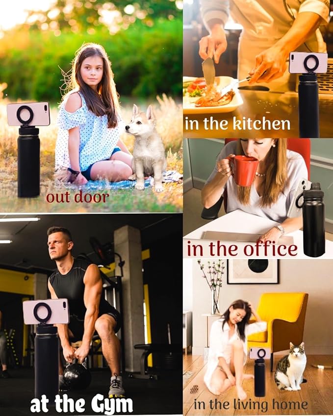 Stainless Steel Water Bottle compatible with all devices Tripod Phone Holder with booster ring -sport -gym-bottle for man & woman -25oz 360Rotate, A-Bubble Gum, 25oz-ct12