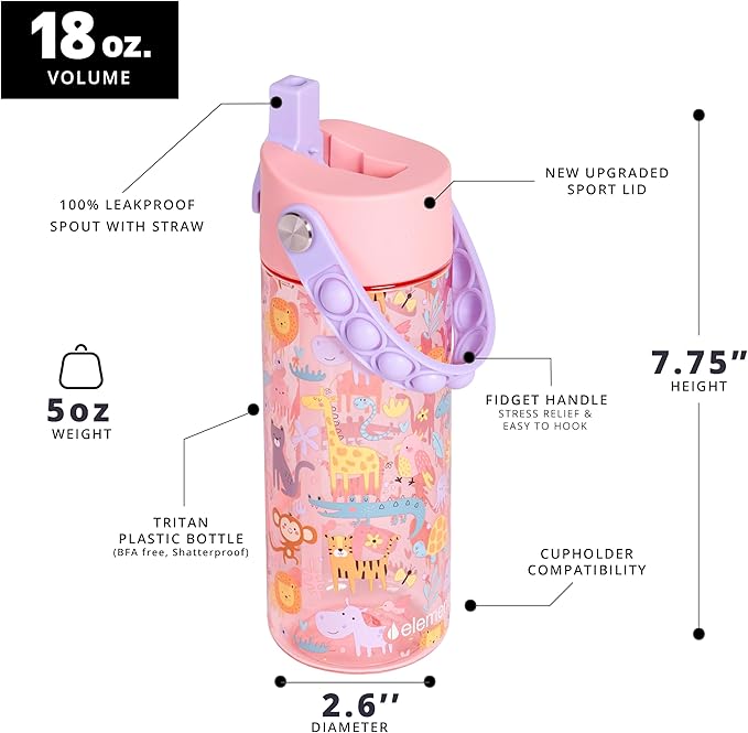 Elemental Leak Proof Water Bottles for Kids - Splash Kids Water Bottle for School with Fun Fidget Pop-it Handle - BPA Free Tritan Plastic Reusable Water Bottle with Straw - Pink Safari - 18oz