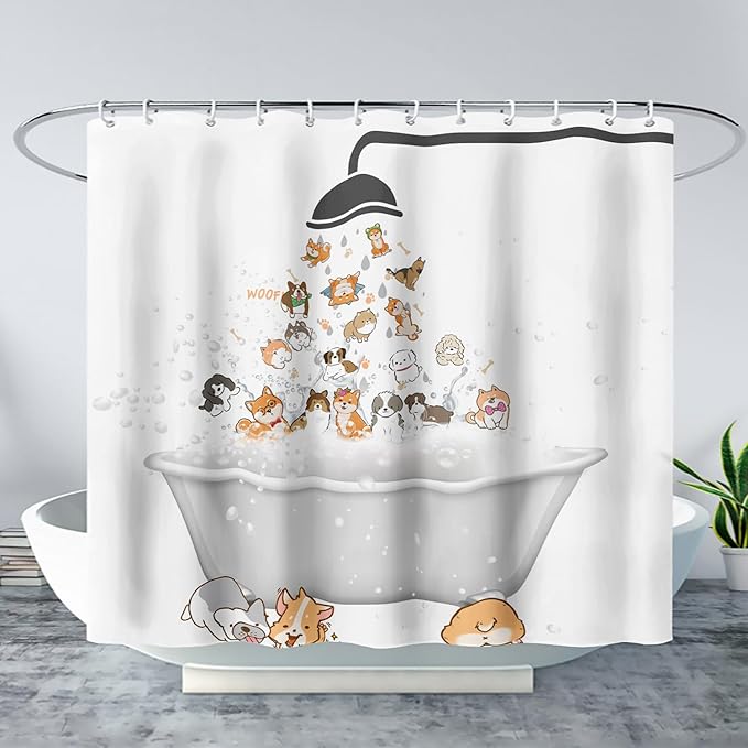 AILONEN Cute Corgi Shower Curtain for Kids 60" W*72" H Inch,Cartoon Dog Funny Animals Nursery Lovely Hilarious,12 Pack Hooks Polyester Waterproof Fabric Decor for Bathroom Bathtub Panels