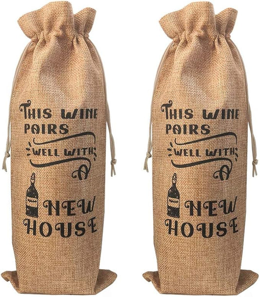 GIFTED LUGAR New House Gift Wine Bag, House Warming Presents for Women, Welcome to the Neighborhood Gift, Housewarming Gifts for Men, W/Drawstring & Tag (Jute Wine Bag) (2 pcs)