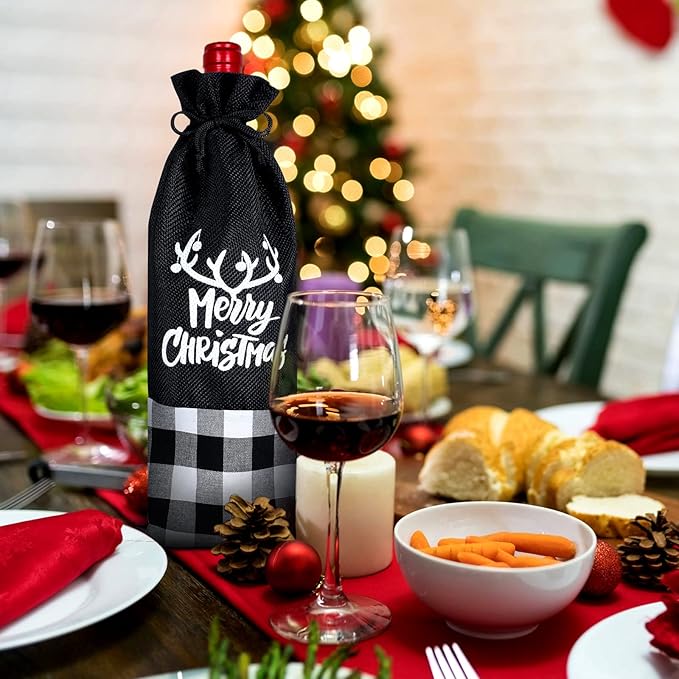 Patelai 12 Pieces Christmas Wine Bottle Bags Wine Bottle Sweater Dress Christmas Wine Sleeve Burlap Santa Bottle Covers Plaid Drawstring Bottle Bags for Xmas Dining Table (Black White)