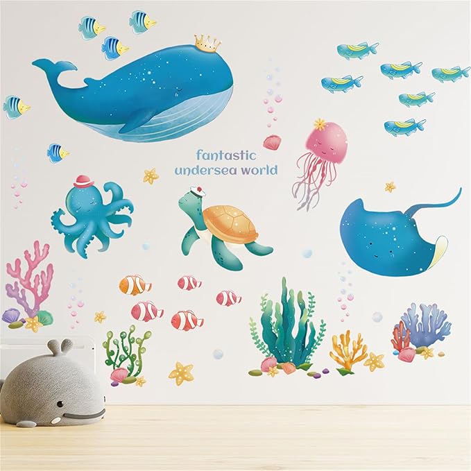 Colorful Ocean Life Wall Sticker Sea Creatures Wall Stickers Under The Sea Fish Jellyfish Removable Wall Decor Peel and Stick Underwater Sea Decor for Kid Baby Bathroom Bedroom Living Room (Style2)
