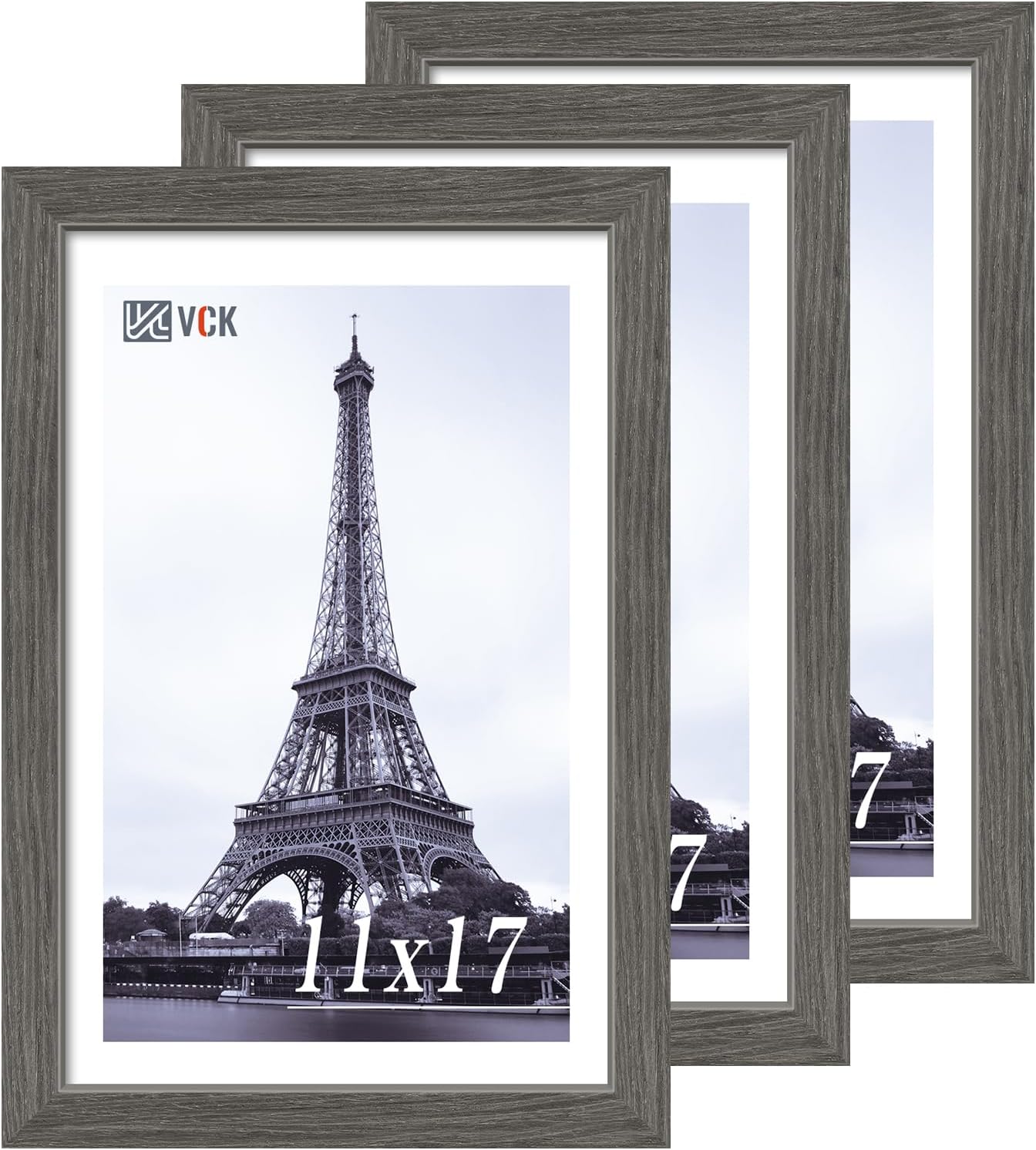 VCK 11x17 Picture Frame 3 Pack, Gray Solid Wood Poster Picture Frame, Exclusive Wood Grain, Wall Mounting Hanging