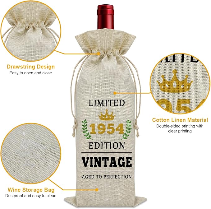 Sazuwu 70 Year Old Gifts Vintage 1954 Wine Bag 70th Birthday Gifts for Women Men Gifts for Someone Turning 70 Wine Bottle Decoration Bag Born in 1954 Gifts Wine Accessories Gifts for Wine Lovers