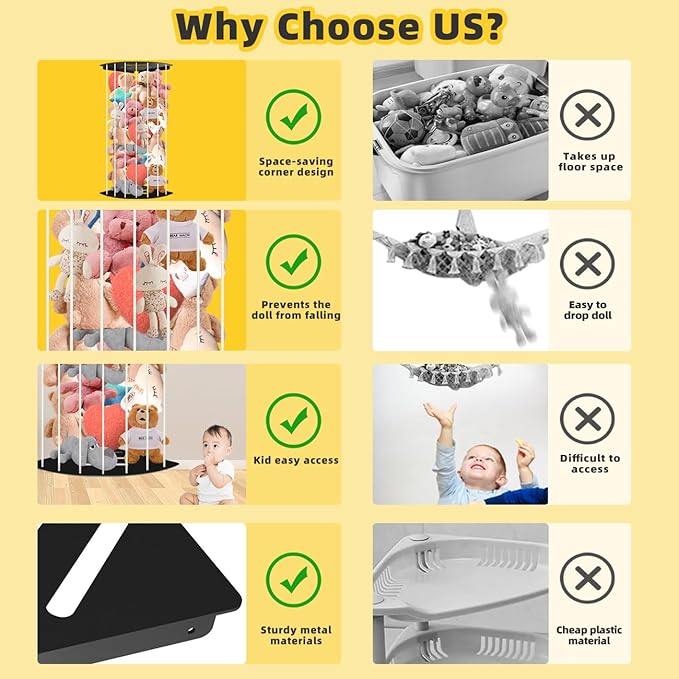 Stuffed Animal Storage Corner Plush Toy Organizer Storage Kids Room Holder with Length Adjustable Large Toys Wall Hanging Shelf for Nursery Playroom Bedroom Sturdy Metal (Semicircular)