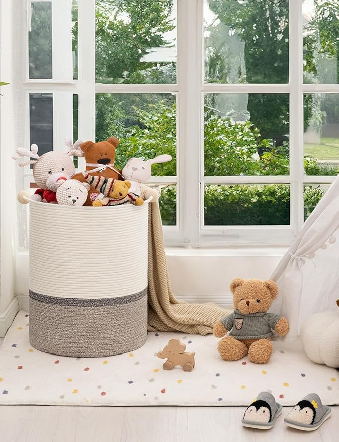 StorageWorks 72L Cotton Rope Laundry Basket with Wooden Beads Handles, Woven Basket for Storage, Dirty Clothes, Kids Toys, Towels, White & Light Brown