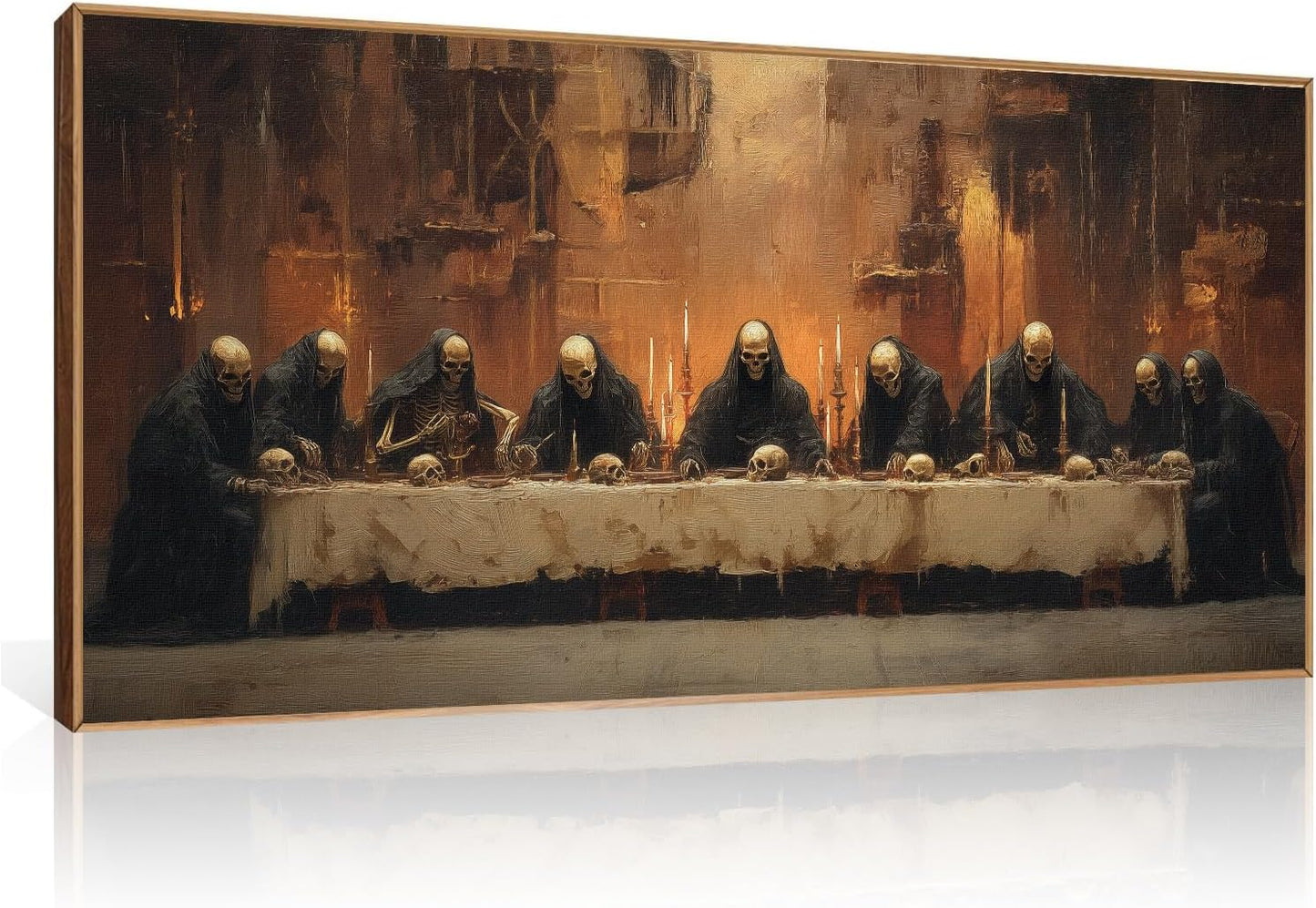 KAIRNE Framed Skeleton Canvas Wall Art,Abstract Retro Skull Print Set of 1(40”X20”),Scary Halloween Pictures,Horror Wall Art,Skeleton Last Supper Posters for Living Room Bedroom Ding Room Office Decor