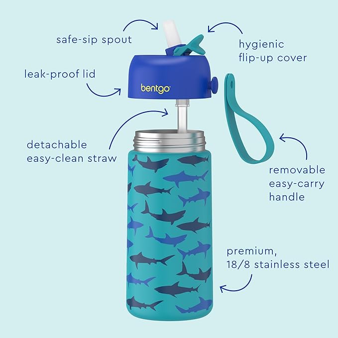 Bentgo® Kids Stainless Steel Insulated Water Bottle - Leak-Proof; Keeps Cool for 12 Hours; Durable, BPA-Free, Dishwasher Safe 14 oz. Cup for Ages 3+ for School/Sports/Daycare (Sharks)