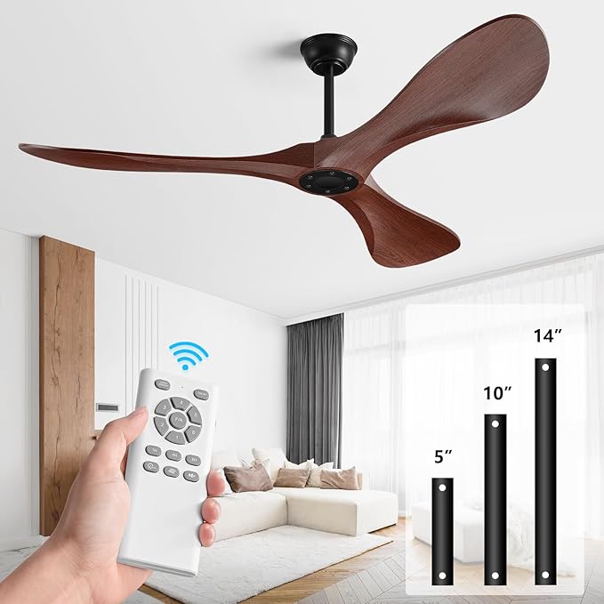 Ceiling Fan with Remote,52 Inch Wood Color Ceiling Fan no light for Indoor/Outdoor,6 Speed Noiseless Reversible DC Motor，Modern Ceiling Fan with Timer for Kitchen, Living Room Farmhouse Patios