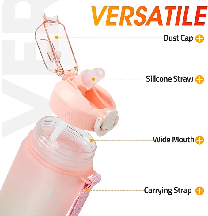 Motivational Water Bottle with Time Marker- 32oz Water Bottles with Times to Drink, Leakproof & BPA Free Sports Water Bottle with Straw & Carry Strap for Fitness, Gym, and Outdoor Sports