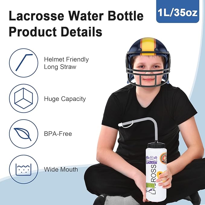 Lacrosse Gifts for Boys Gifts,Lacrosse Water Bottle with Long Straw and 50PCS Stickers Accessories Stuff for Player Lovers(1L,BPA,Squeeze)