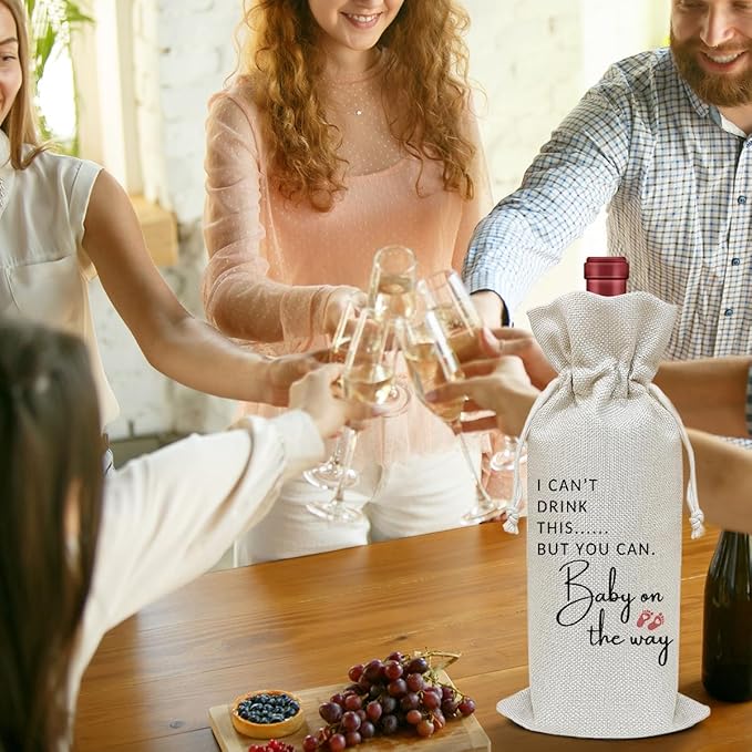 Baby Announcement Wine Bag, Pregnancy Announcement Gifts for Women Aunt Friends New Couples, Party Favor Wine Champagne Gift Bag With Drawstring -06
