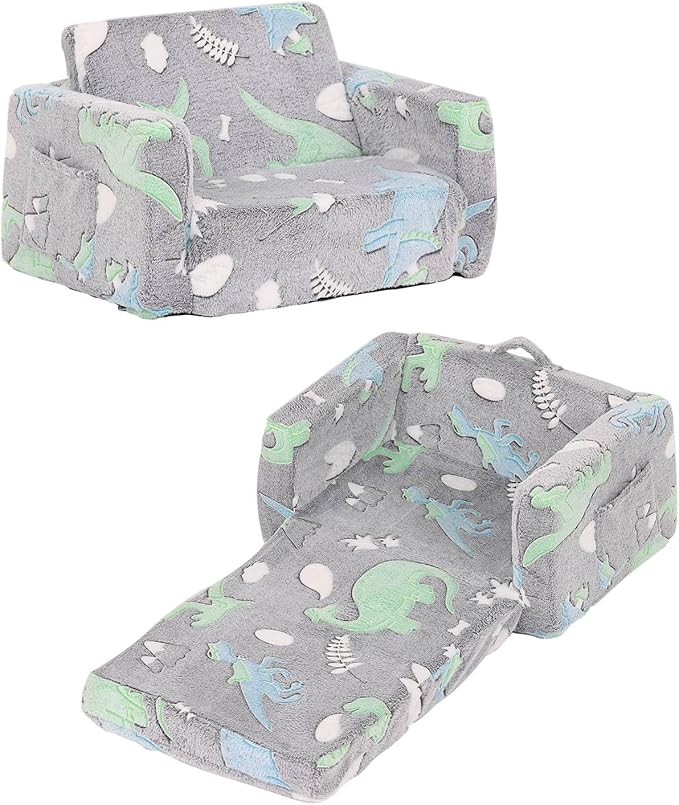 Tiita Kids Sofa, 2-in-1 Kids Sofa Chair, Convertible Children Couch to Lounger, Flip Out Kids Sofa Chair, Toddler Armrest Chair Bed for Girl or Boy(Dark Grey Dinosaur)