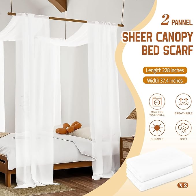 Showgeous 2 Panels Canopy Curtains White Canopy Bed Curtains 37.4" x 228" Bed Canopy Scarf for Full/Queen Bed Frame,Queen Canopy Bed Curtains,Sheer Bed Canopy Curtains Drapes Bed Tulle Canopy