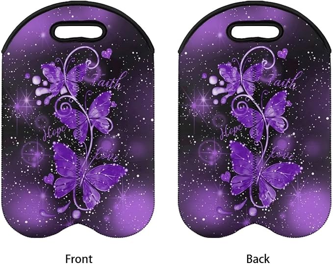 doginthehole Wine Tote Carrier Bag Purple Butterfly Print Neoprene Champagne Bottle Protective Sleeve Reusable Wine Bottle Bag Double Wine Carry Bag for Travel Picnic Dinner