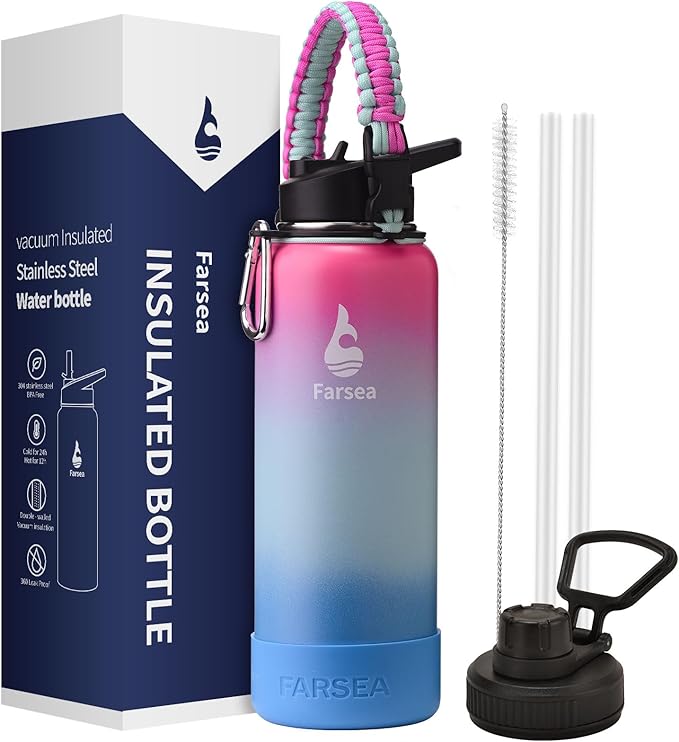 Farsea Insulated Water Bottle With Paracord Handle, Protective Boot and 2 Lids (Straw Lid & Spout Lid), Stainless Steel Water Bottle Wide Mouth, Double Wall Sweat-Proof BPA-Free, 18 oz