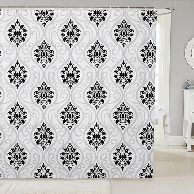 Feelyou Damask Pattern Shower Curtain 72"x72" Kids Vintage Floral Bathroom Shower Curtain Set for Boys Girls Teens Antique Victorian Baroque Bath Curtain Black White Baroque Style Bathroom Accessories
