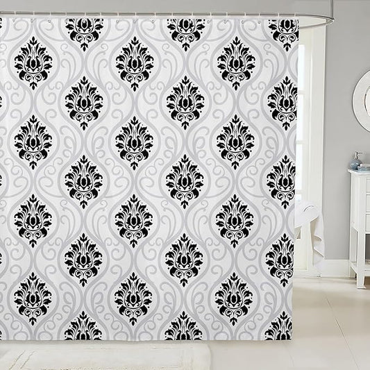 Feelyou Damask Pattern Shower Curtain 72"x84" Kids Vintage Floral Bathroom Shower Curtain Set for Boys Girls Teens Antique Victorian Baroque Bath Curtain Black White Baroque Style Bathroom Accessories