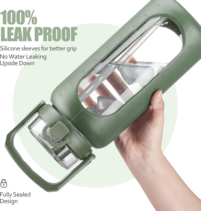 BLUEGO 64oz Glass Water Bottle with Handle and Straw, Motivational Sports Water Bottle with Time Marker and Silicone Sleeve Leakproof Drinking Bottle for Travel Gym Workout, Olive