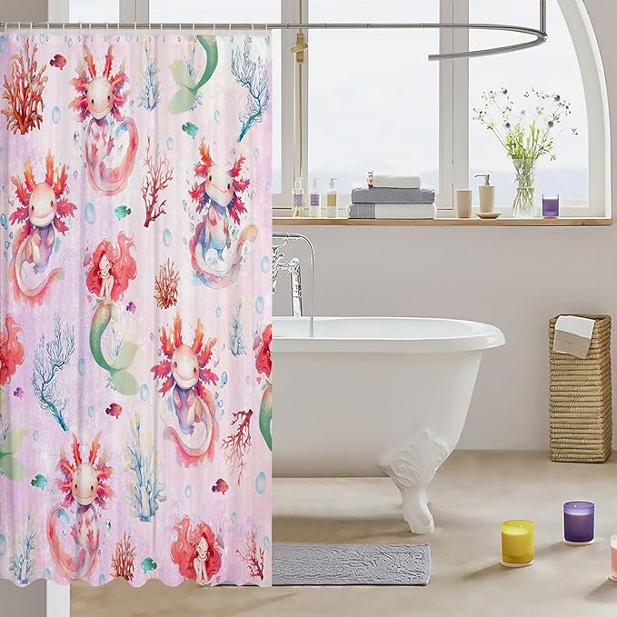 Feelyou Boys Girls Cute Axolotl Bath Curtain Ocean Sealife Bathroom Shower Curtain Set Mermaid Shower Curtain Kids Sea Animal Teens Bathroom Accessories Room Decor 72"x72"