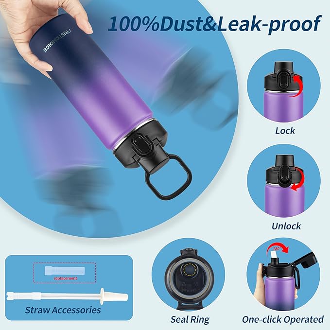 Insulated water bottle with Straw,18oz Stainless Steel Water Bottle for Adult Kids,Double Wall Vacuum Wide Mouth Insulated Water Bottle for School,BPA-free and Leak-proof（18oz,Purple Navy blue）