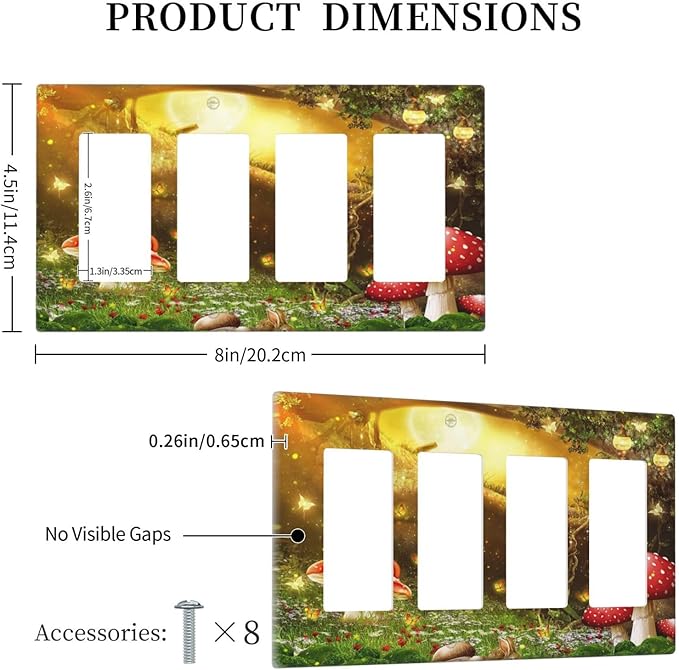 Red Mushroom Forest Fairy Moon Butterfly 4 Gang Rocker Decora Bohemian Light Switch Cover Decorative Outlet Covers Wall Plate Electrical Faceplate Switchplate GFCI for Kidroom Nursery Decor