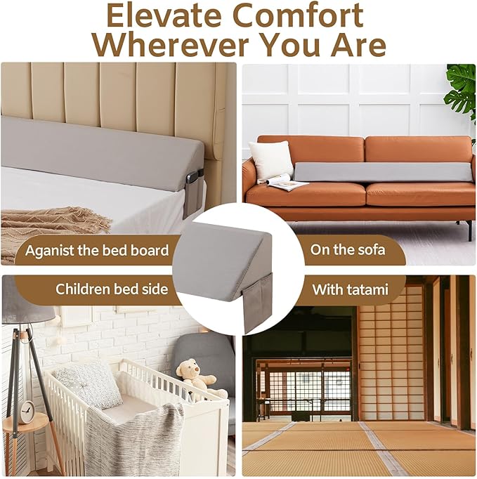 Queen Bed Wedge Pillow for Headboard, Foam Headboard Pillow, Bed Gap Filler, Mattress Wedge, Mattress Gap Filler Queen - Fill The Gap (0-7") Between Headboard and Mattress (Gray, 60"x10"x6")