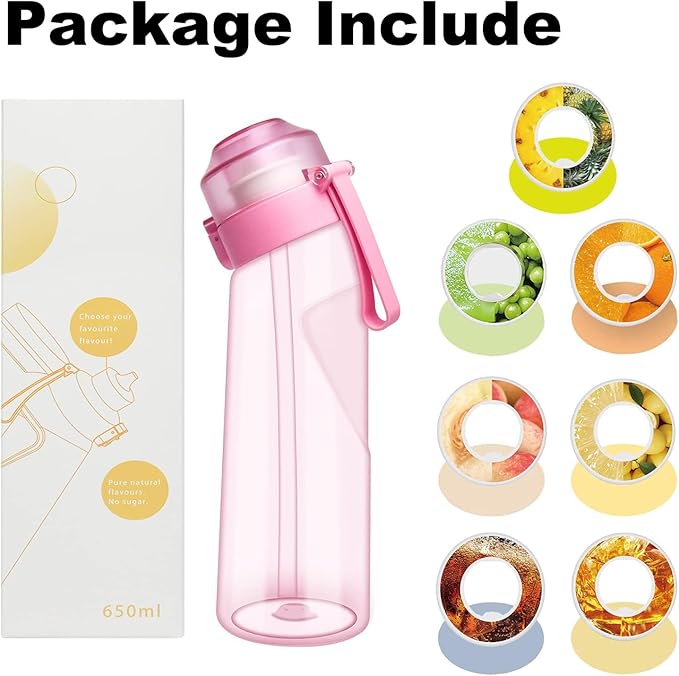 Water Bottle with Flavor Pods 21.9 Oz/650ml Fruit Fragrance Water Bottle Recyclable Sports Air Water Cup Scented Pods for Outdoor (Pink 650ML)
