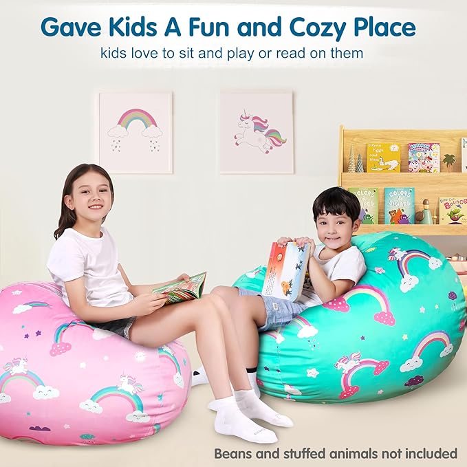 Lukeight Unicorns Stuffed Animal Storage Bean Bag Chair Cover for Kids, Unicorns Zipper Beanbag Chair Cover for Organizing Toddler and Kids' Rooms Plush Toys (Rainbow Green, XX-Large)