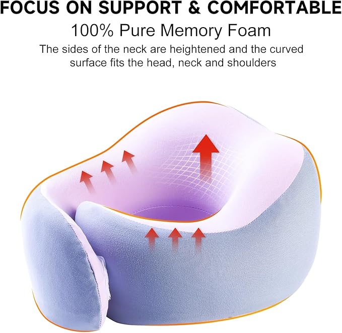 Travel Pillow, 360° Wrapped Travel Neck Pillow, 100% Pure Memory Foam Neck Pillow, Airplane Neck Pillows, Perfect Support, Soft and Breathable Pillows, Travel Accessories with Portable Bag