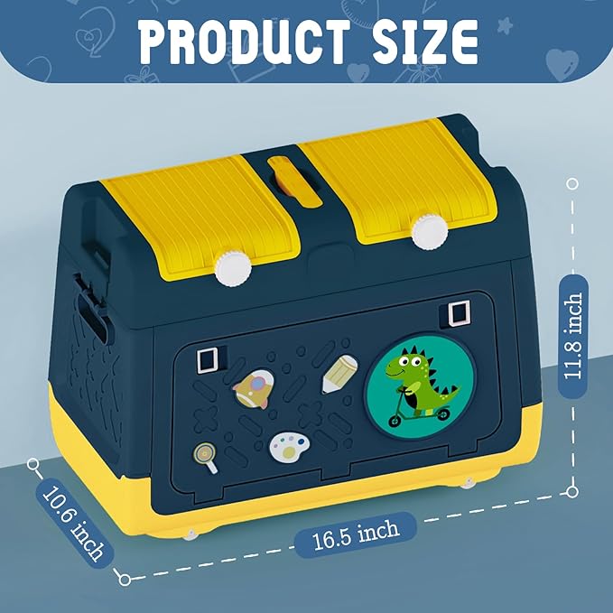 Toy Box Chest with Lid, Dinosaur Collapsible Storage Organizer for Kids Boys Girls, Plastic Stackable Toddler Toy Bins with Double Door Lid (Blue)