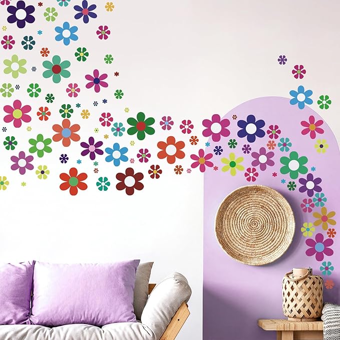 Amaonm 12 Sheets Large Daisy Wall Decals DIY Boho Sunflower Wall Stickers Peel and Stick Colorful ins Daisy Floral Wall Decor for Nursery Little Girls Teens Bedroom Living Room (12 Sheets of 133pcs)