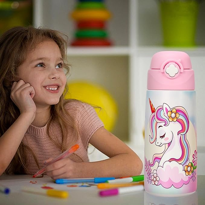 Kids Insulated Water Bottle with Covered Pop-Up Straw,16oz Kids Cups with Stainless Steel Leak Proof for School Boys Girls（2PCS,UNICORN+RAINBOW）