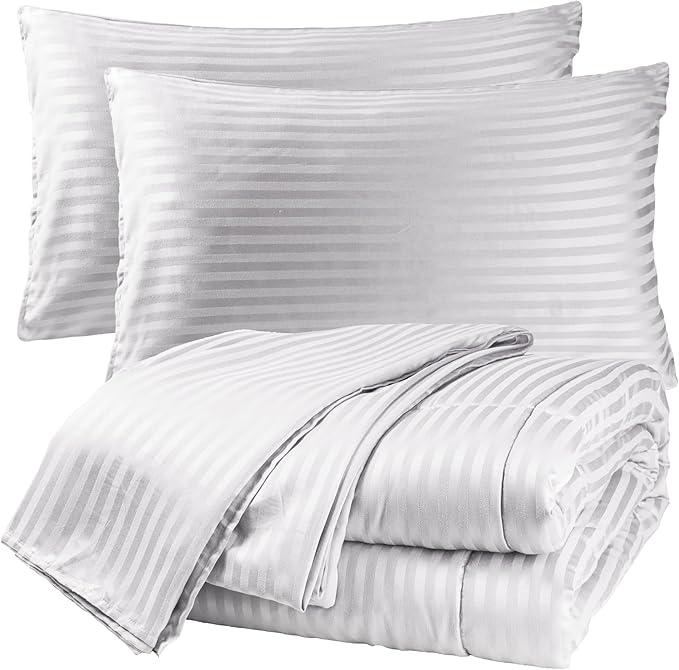 Twin Comforter Set with Sheets, 5 Pieces Super Soft Twin Bed in a Bag, All Season Solid Color Kids Bedding Set Neutral for Boys & Girls, White Striped