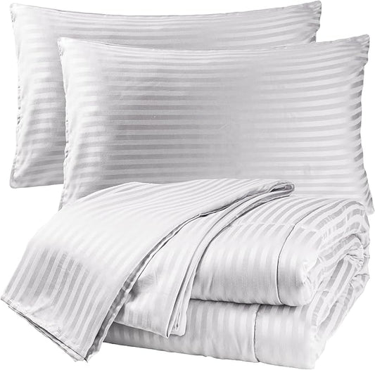 Twin Comforter Set with Sheets, 5 Pieces Super Soft Twin Bed in a Bag, All Season Solid Color Kids Bedding Set Neutral for Boys & Girls, White Striped