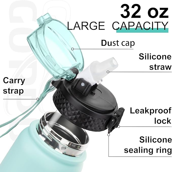 GOPPUS 32 oz Sports Water Bottle 1 Liter Double Wall Insulated Stainless Steel Water Bottles with Straw Lid Reusable Leak proof Metal water bottles with Strap Handle(Green 1 lid)