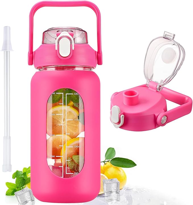 kytffu 42oz Glass Water Bottles with Straw, Motivational Glass Bottle with Silicone Sleeve and Time Marker, Leakproof Large Glass Water Jug for Gym Home Office,Rose red